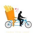 Lover french fries. Food on bicycle. Lovers of cycling. Man rol