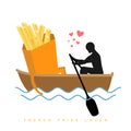 Lover french fries. Man and fastfood and ride in boat. Lovers of
