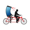 Lover of gadgets. Man and smartphone on bicycle. Riding on tandem. Always together device. I love my phone.