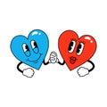 Lover hearts. Blue and red hearts holding hands. Trendy retro cartoon stickers. ÃÂ¡omic characters with gloved hands