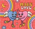 Lover hearts in weird retro cartoon 70s style. Blue and pink hearts couple holding hands. Trendy vintage toons mascots