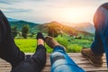 Lover Men and women Asia travel sleep relax. Morning atmosphere nature Forests, mountains. Phu Thap Buek Thailand Royalty Free Stock Photo