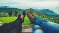 Lover Men and women Asia travel sleep relax. Morning atmosphere nature Forests, mountains. Phu Thap Buek Thailand Royalty Free Stock Photo