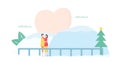 Lover plays ice skating. Man hugs girlfriend. Scene is designed for winter season. Vector illustration is in flat style