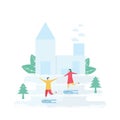 Lover plays ice skating. Scene is designed for winter season. Vector illustration is in flat style