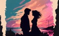 A lover\'s pair at sunset time. A man and a woman silhouette Royalty Free Stock Photo