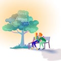 Lover sitting on bench under tree while man hiding roes flower at his back for surprising his girlfriend Royalty Free Stock Photo