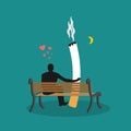 Lover smoke. Man and cigarette looking moon. Smoker on bench. Ni