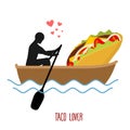 Lover taco. Man and fastfood and ride in boat. Lovers of sailing