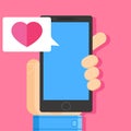 Lover texting. Send a confession of love. Phone in hand with letter and heart