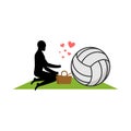 Lover volleyball. Guy and ball on picnic. Meal in nature. blanket and basket for food on lawn. Romantic date. Love sport play ga