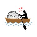 Lover Volleyball. Guy and ball ride in boat. Lovers of sailing.