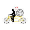 Lover Volleyball. Guy and football ball on tandem. Lovers of cycling. Man rolls bicycle. Joint walk on street. Romantic date. Lo