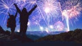 Lover women and men asians. Stand and raise hands watch the fireworks. Happy on the day of the celebration New year day on Royalty Free Stock Photo