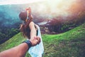 Lover women and men asians travel relax in the holiday. Hold hands running on the lawn. Wild nature wood on the mountain Royalty Free Stock Photo