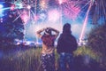 Lover women and men asians. Watch the fireworks. In New Year`s Mountain. Thailand