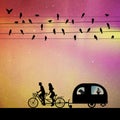 Lovers on bike tandem under birds on wires at night