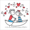 Lovers boy and girl sit on boat and kiss