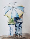 Lovers boy and girl under one umbrella