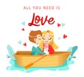 Lovers Cartoon Man and Woman Boating by the River. Warm Intimacy Young People. Manifestation Romance for Couples. Girl
