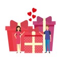 Lovers couple with hearts floating and gifts Royalty Free Stock Photo