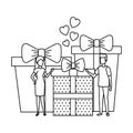 Lovers couple with hearts floating and gifts Royalty Free Stock Photo