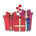 Lovers couple with hearts floating and gifts Royalty Free Stock Photo