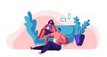 Lovers Couple Relax at Weekend. Man and Woman Sit on Comfort Sofa. Happy Pair Drink Tea or Coffee. Character Hold Cup