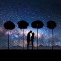 Lovers couple and trees in park. People in love. Milky Way, night sky