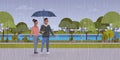 Lovers couple under umbrella african american man woman romantic walking in rain city urban park landscape background