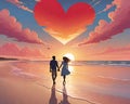 Lovers couple walking on the beach at sunset with heart figure. Royalty Free Stock Photo