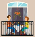 Lovers on a date in a restaurant. Couple celebrate the holiday together at home on the balcony Royalty Free Stock Photo