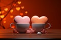 Lovers delight 3D work, coffee cups, hearts, perfect Valentines setting