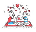 Lovers girl, guy and small dog are on picnic. Royalty Free Stock Photo