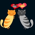 Lovers of a gray cat and a red cat embrace each other and think about each other on a dark blue background.