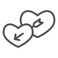 Lovers hearts line icon. Amour shape of heart and cupids with arrow symbol, outline style pictogram on white background