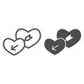 Lovers hearts line and solid icon. Amour shape of heart and cupids with arrow symbol, outline style pictogram on white