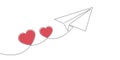 Lovers hearts.Paper airplane is flying.One line drawing.Vector illustration