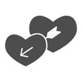 Lovers hearts solid icon. Amour shape of heart and cupids with arrow symbol, glyph style pictogram on white background