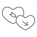 Lovers hearts thin line icon. Amour shape of heart and cupids with arrow symbol, outline style pictogram on white