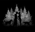 Lovers kiss at the Christmas tree with dog and cat. Christmas. MyRealHoliday. hand drawing. Not AI. Vector illustration