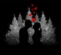 Lovers kiss at the Christmas tree. Christmas. MyRealHoliday. hand drawing. Not AI. Vector illustration