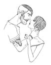 Lovers kiss, girl and guy with stylish hairstyles. Couple in love. Black and white hand drawn illustration. Fashion Royalty Free Stock Photo