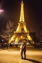 Lovers near the Eiffel tower night in Paris. travel at spring in France Royalty Free Stock Photo