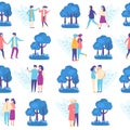 Lovers people in park seamless pattern, vector ilustration with romantic couples and trees.