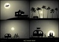 Set of vector illustration with silhouettes of people in camper on moonlit night