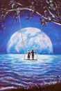 Lovers ride on swing, male man and girl woman against background of big moon. night blue ocean, sea waves, fantasy, romance, love, Royalty Free Stock Photo