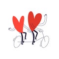 The lovers ride a two-seater bicycle. Hand drawn two hearts ride a tandem bike. Vector stock illustration in cartoon style on a