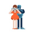 Lovers robot game closes your eyes from behind. Loving couple cyborg and Girl. Romantic relationship. Love and robot illustration