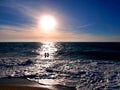 Lovers silhouette on a beach at sunset Royalty Free Stock Photo